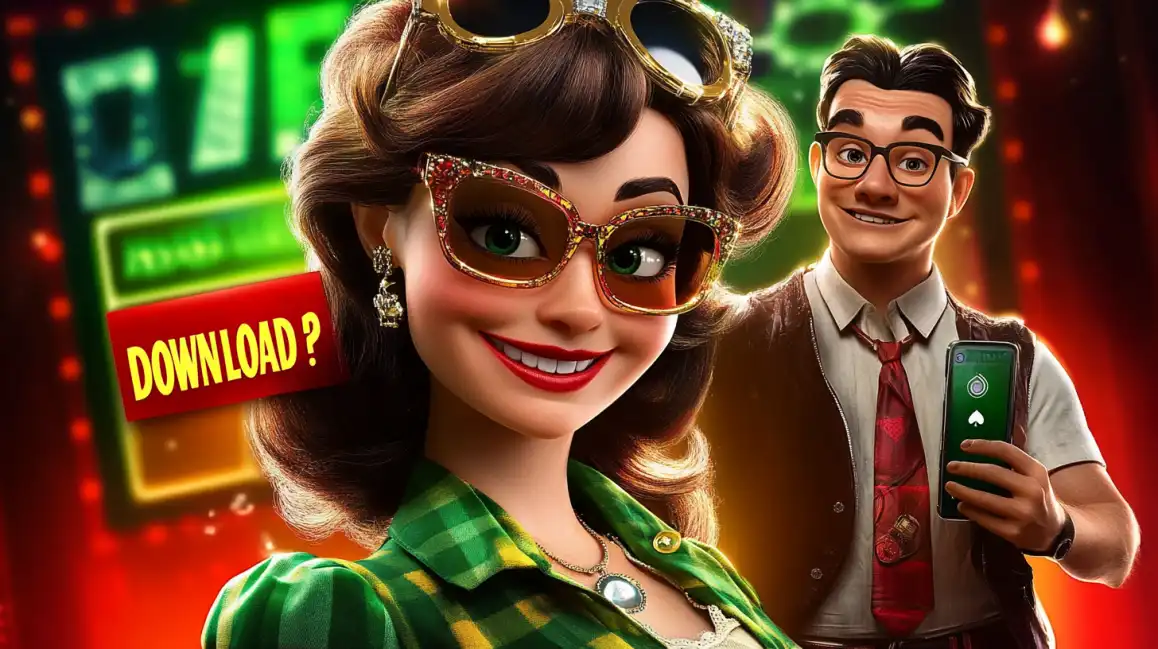 Two cartoon-style characters promoting the casino app, with a smiling woman in front of a red button that says 'DOWNLOAD?'