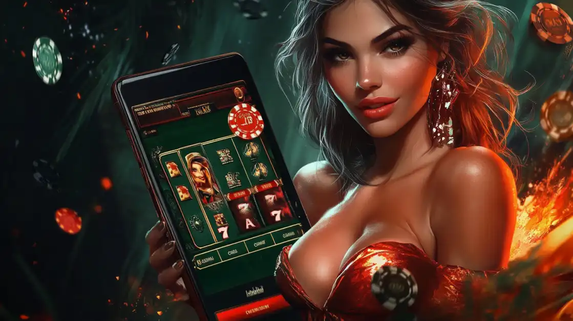 A glamorous woman holds a smartphone displaying an online slot game, inviting users to play on their mobile device