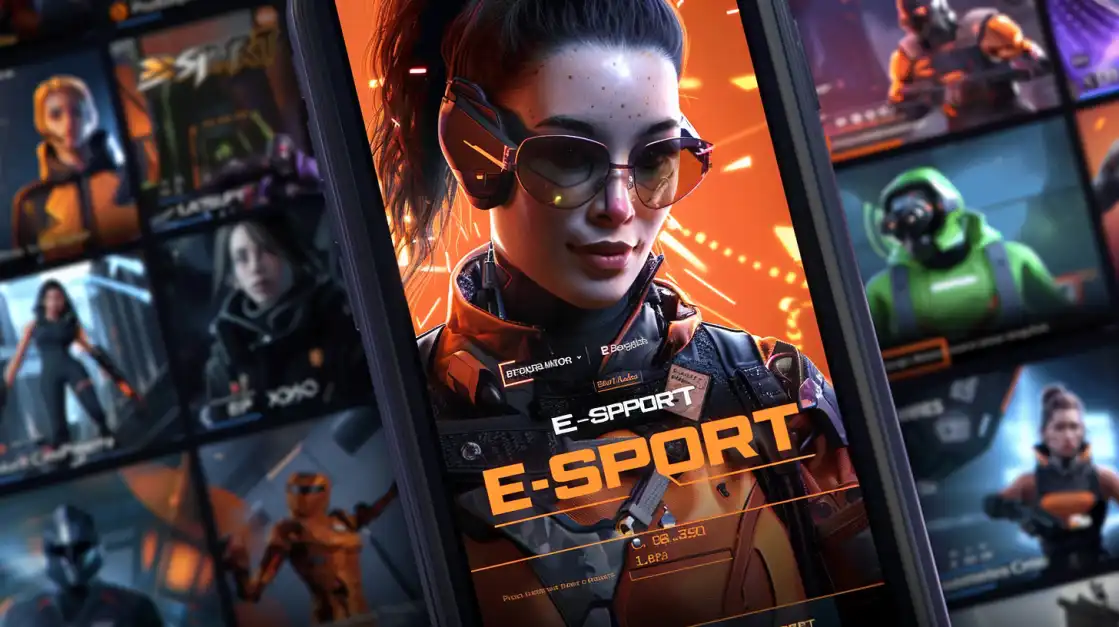 A smartphone screen showing the e-sports betting section of an online casino, featuring a futuristic female gamer character