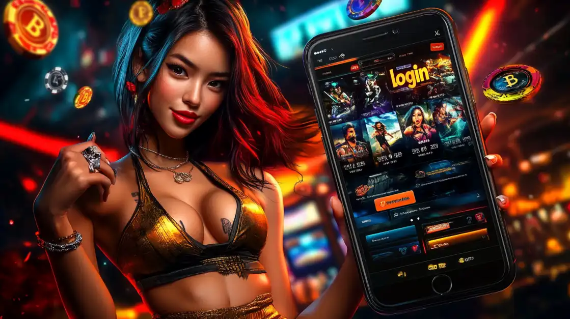 A woman in a vibrant casino setting presents a smartphone with the online casino's game library and login page, surrounded by floating coins