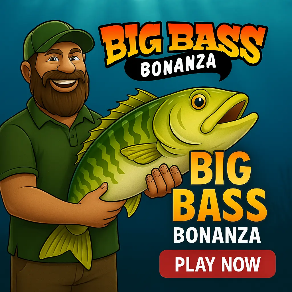 Promotional image for the Big Bass online slot game, featuring its main character, a bass fish dressed as a fisherman, in a vibrant underwater setting