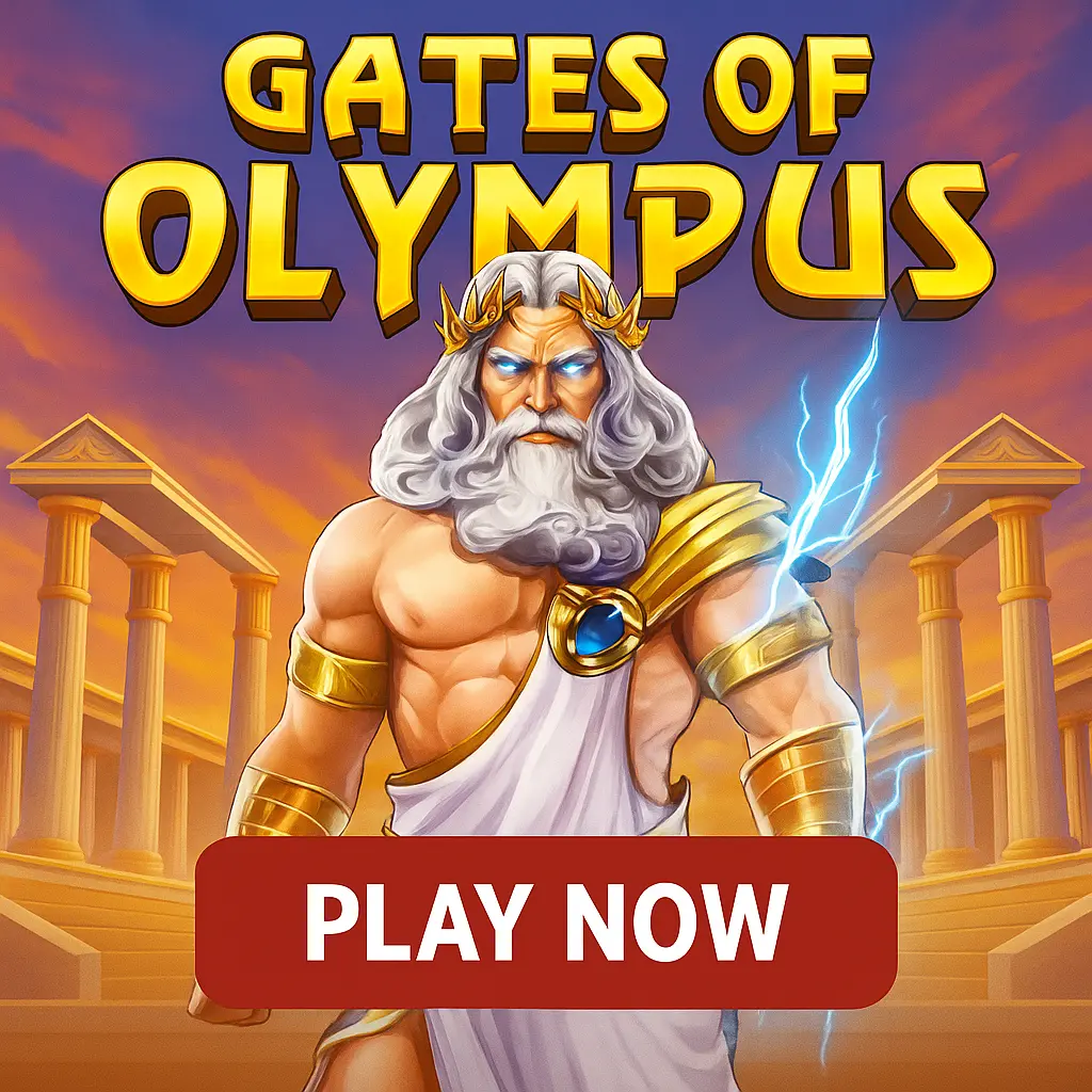 Epic promotional art for the Gates of Olympus online slot game, featuring the mighty god Zeus standing before the gates to Olympus as gold coins rain down