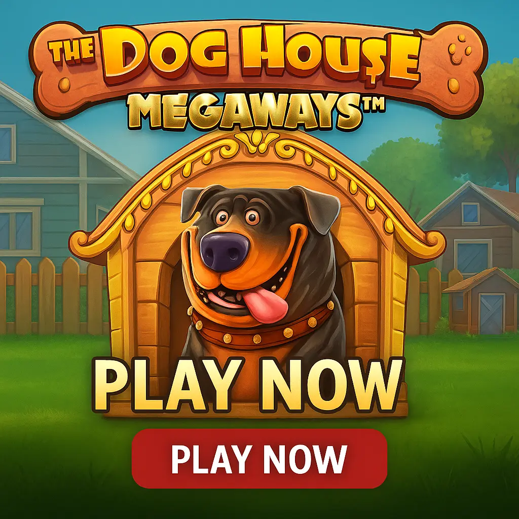 The Dog House Megaways slot game featuring canine characters in a suburban doghouse setting with Megaways mechanics